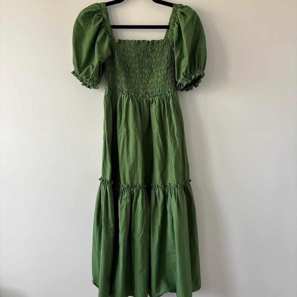 Abercrombie green ruched puff sleeve midi dress
